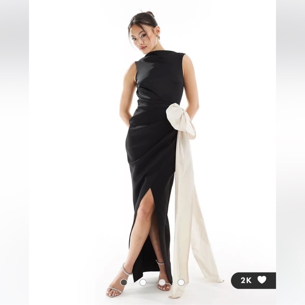 Black and cream bow evening gown